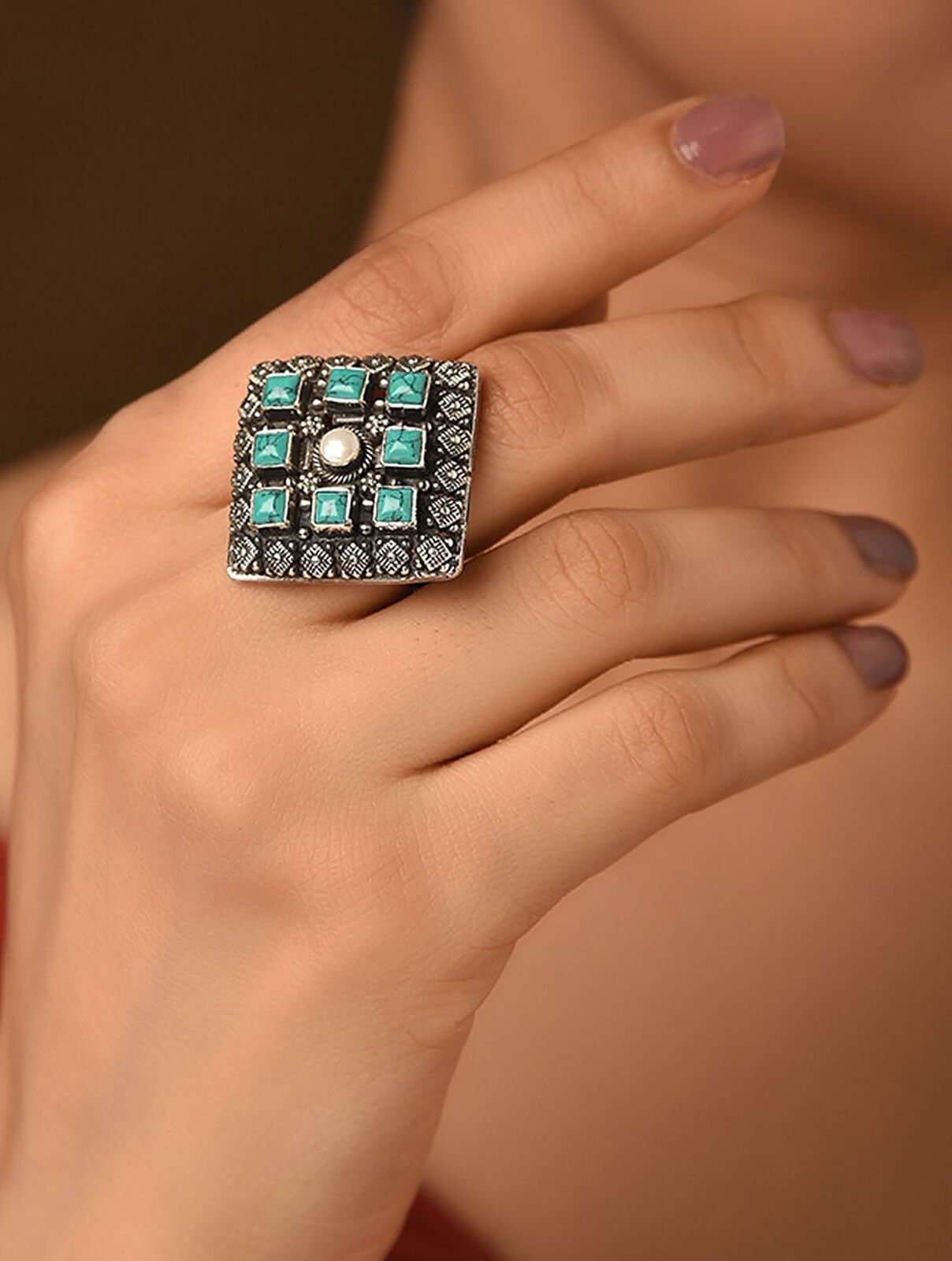 Jaypore Women Turquoise Tribal Silver Ring