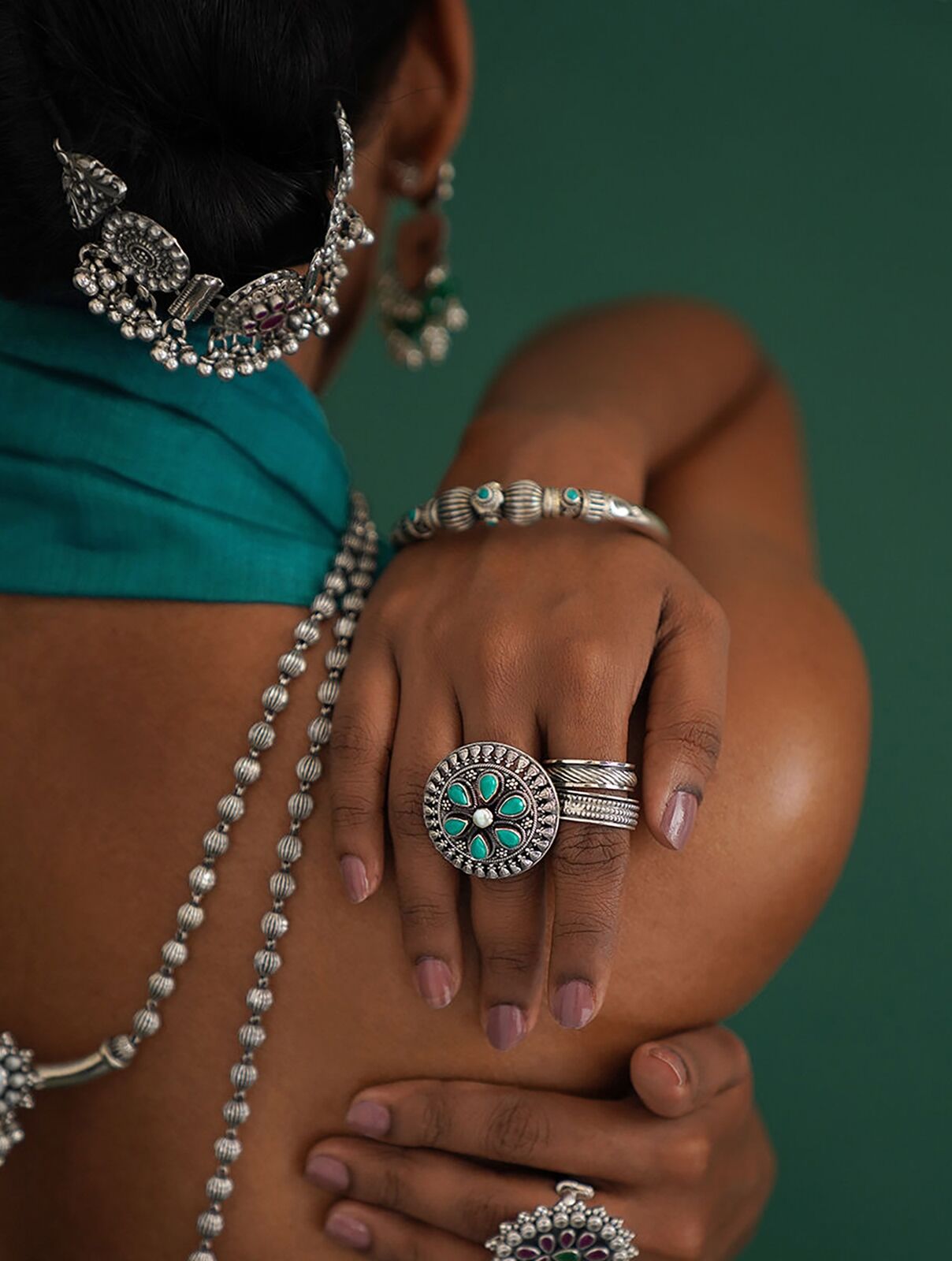 Jaypore Women Turquoise Tribal Silver Ring