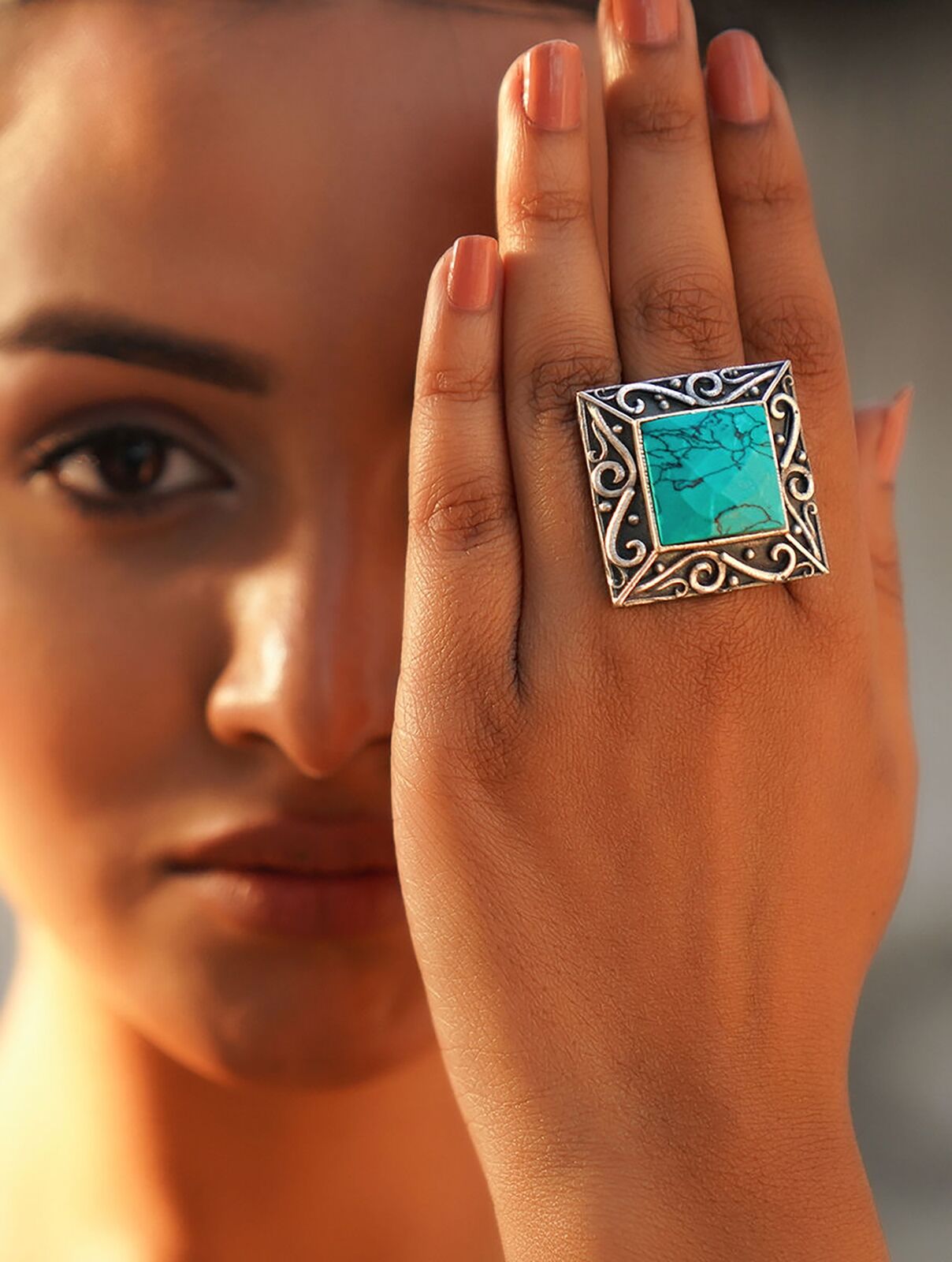 Jaypore Turquoise Tribal Silver Tone Ring