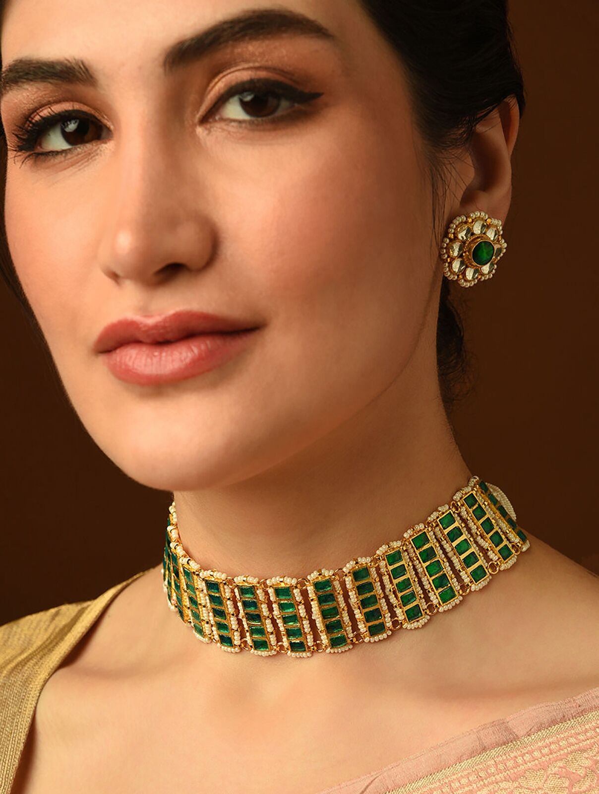 Jaypore Women Green Gold Tone Pachi Kundan Choker Necklace Set (Set of 2)