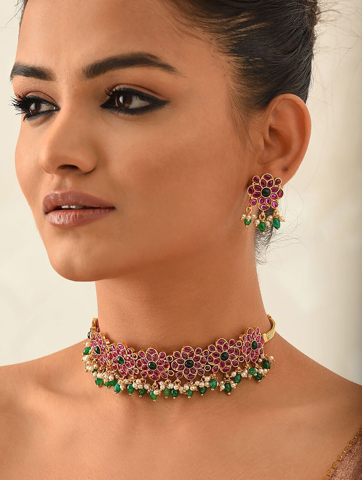 Jaypore Women Ruby Pink Green Gold Tone Temple Choker Necklace With Earrings (Set of 2)