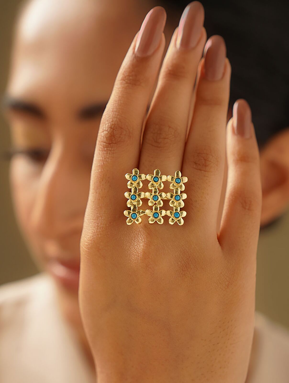 Jaypore Women Gold Tone Silver Ring with Turquoise