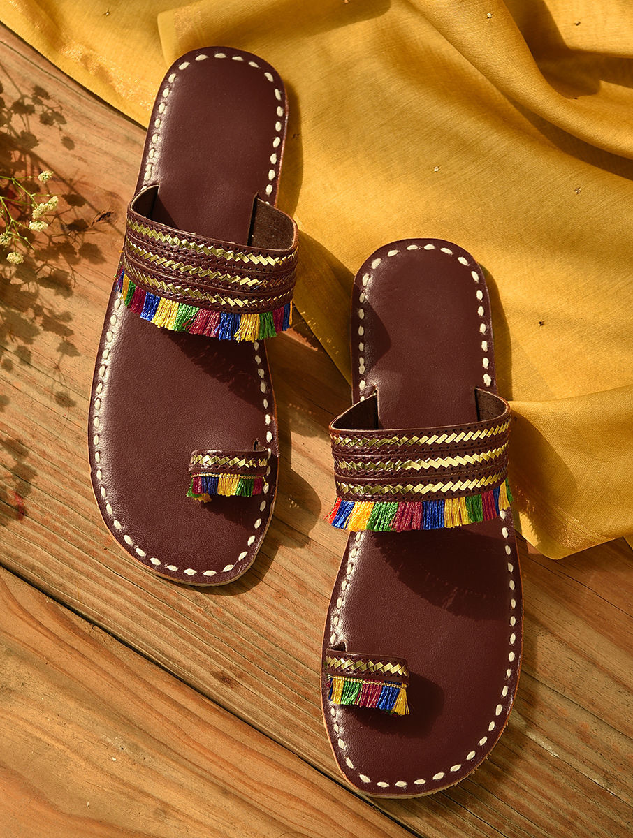 Women Dark Brown Handcrafted Genuine Leather Kolhapuri Flats with Mukaish Work - EU-37