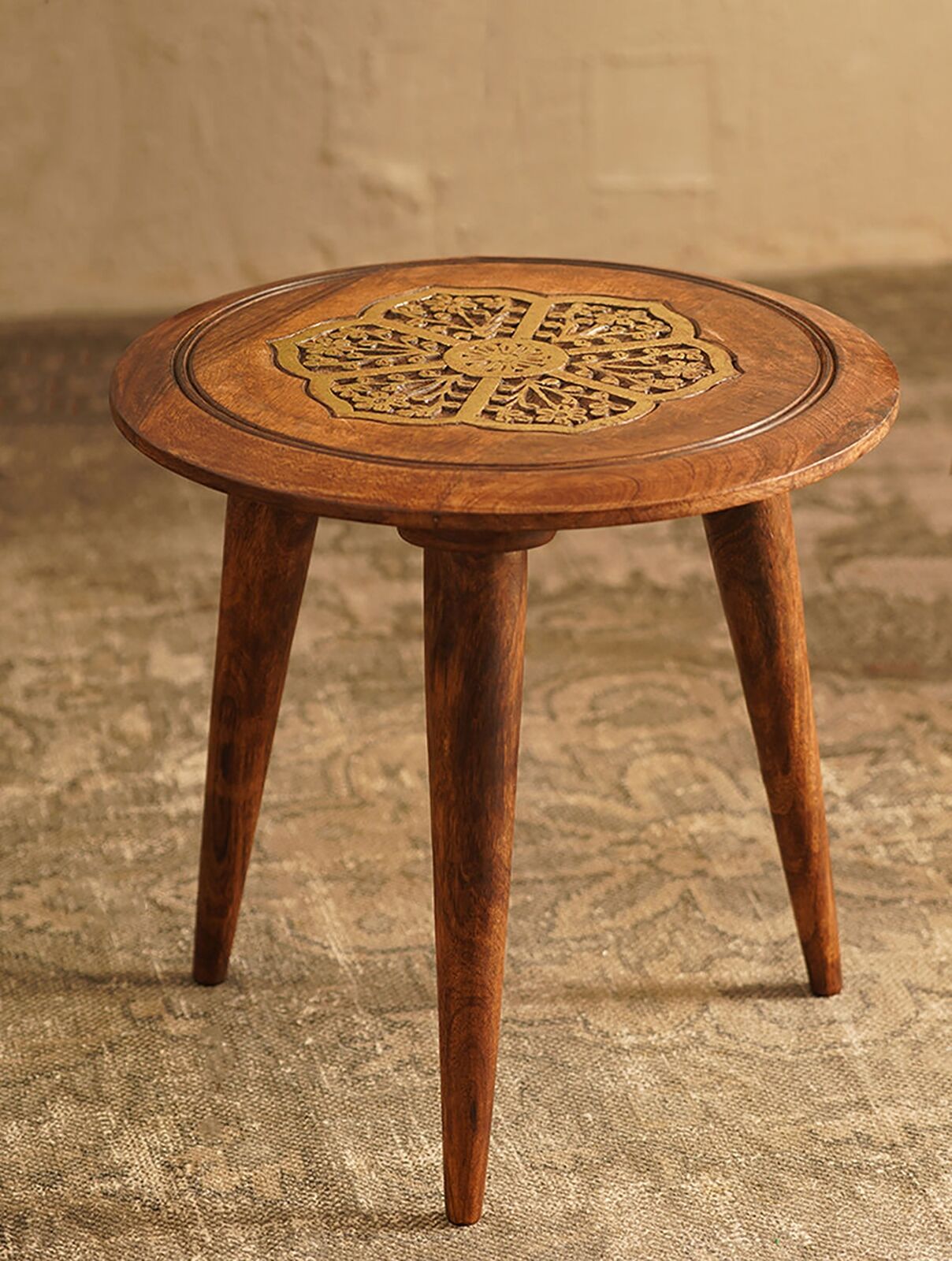 Jaypore Handcarved Floral Nesting Side Table With Gold Foiling