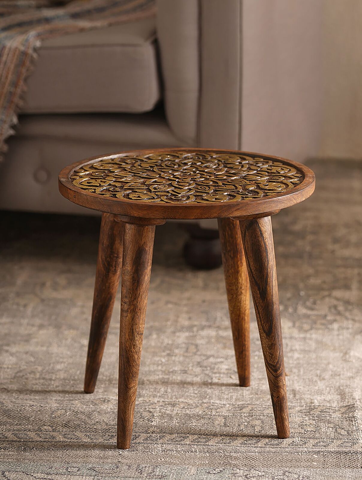 Jaypore Handcarved Floral Nesting Table With Gold Foiling