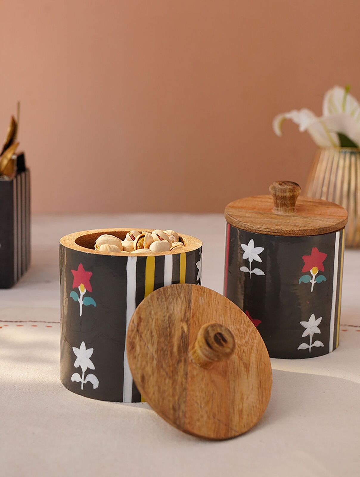 Jaypore Handpainted Wooden Storage Jar With Lid