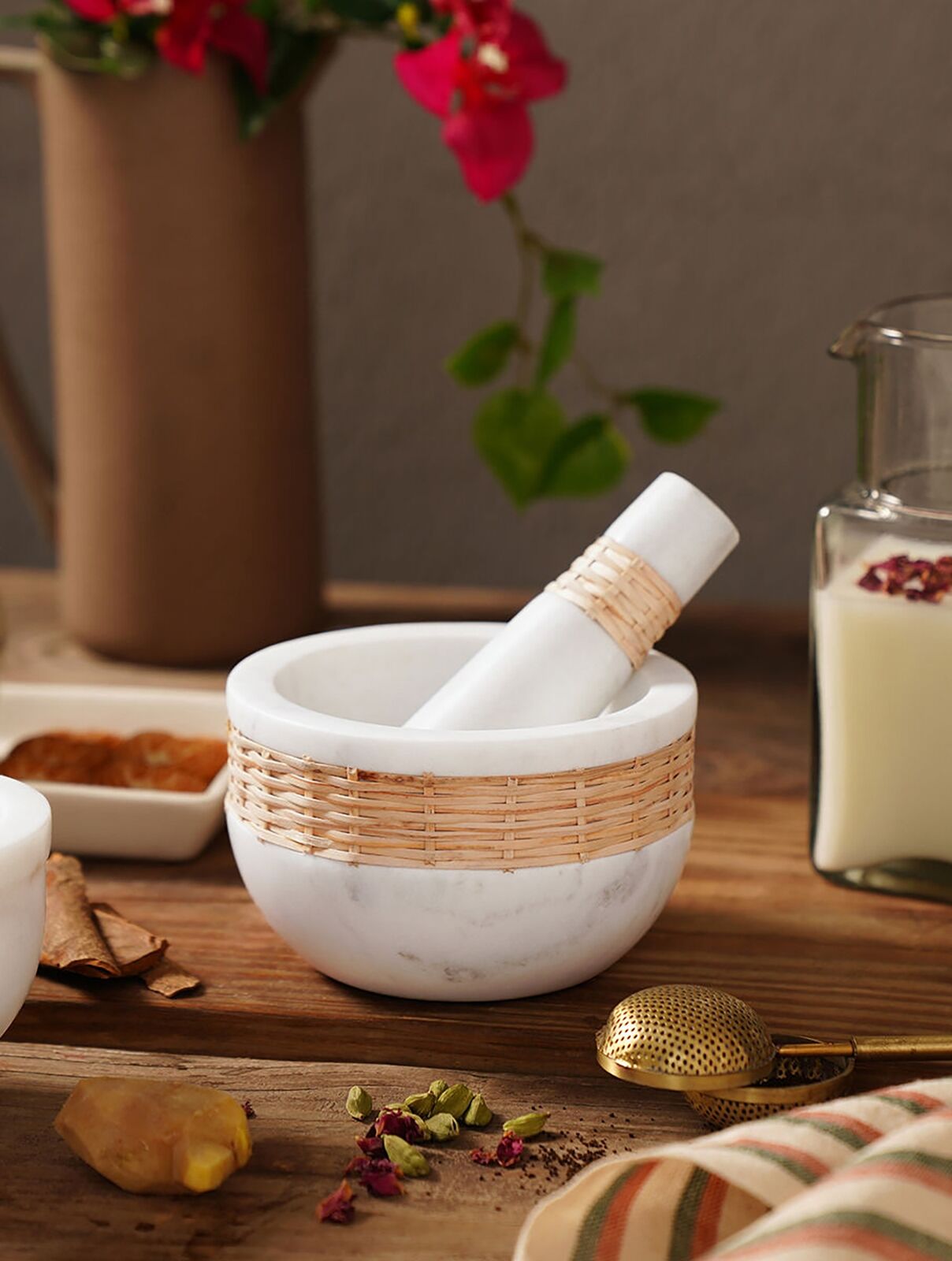 Jaypore White Marble And Rattan Mortar And Pestle