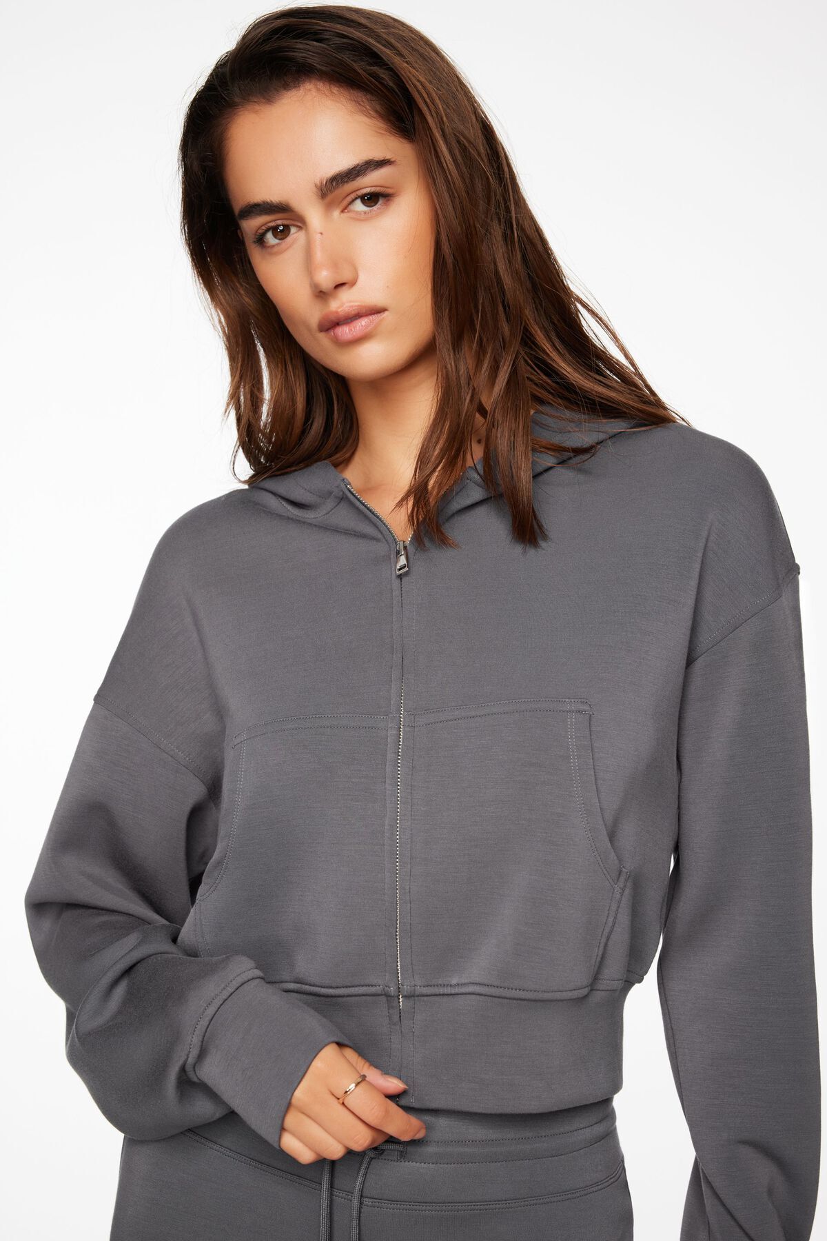 Dynamite Scuba Cropped Zip Up Hoodie Charcoal Grey S Women