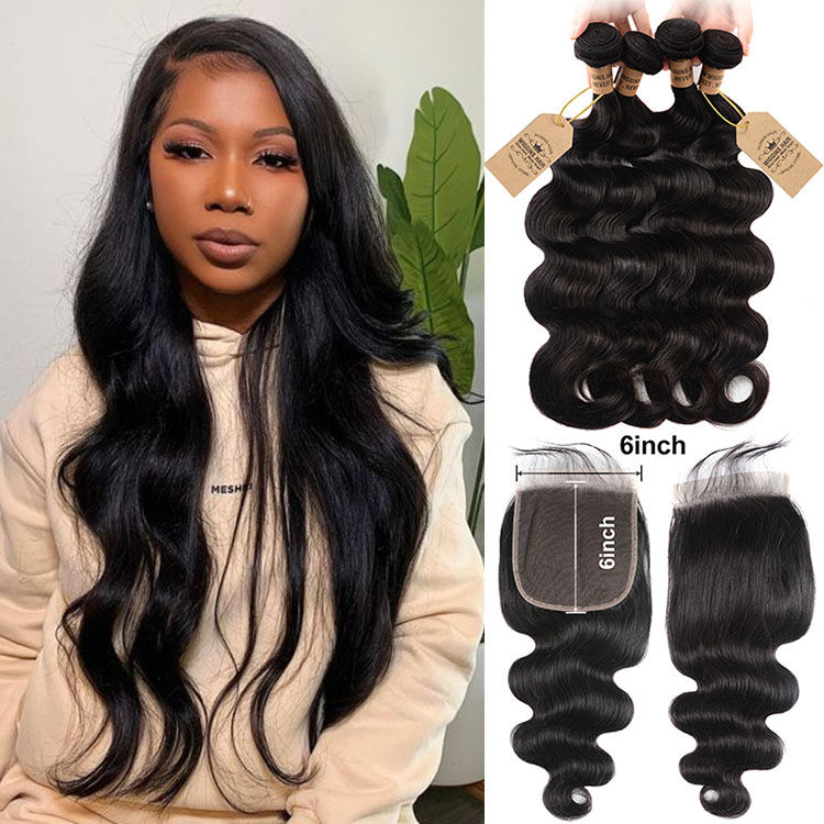 Wiggins Hair Free Part Human Hair Body Wave 4 Bundles With 6*6 Lace Closure