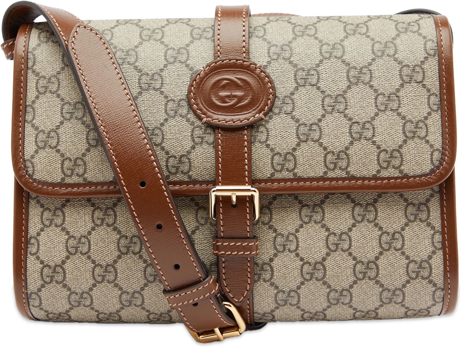 Gucci Men's GG Jacquard Buckle Messenger Bag in Tan