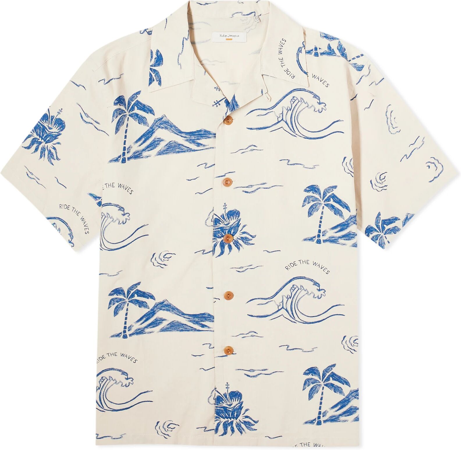 Nudie Jeans Co Men's Arvid Waves Hawaii Shirt in Ecru, Size X-Large