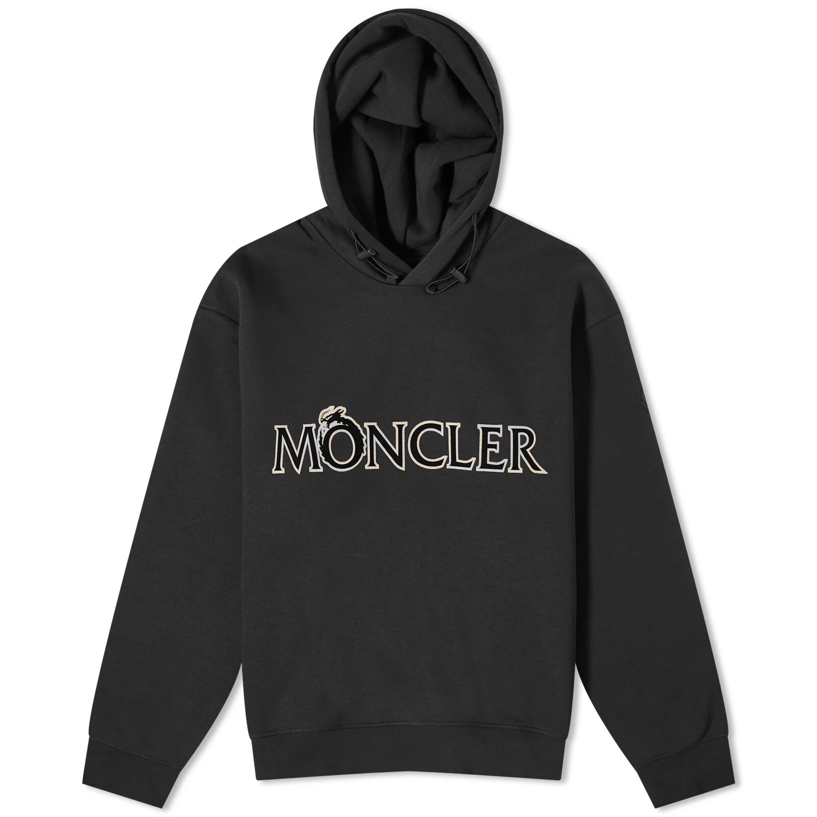 Moncler Men's Dragon Flocked Logo Popover Hoody in Black, Size Large