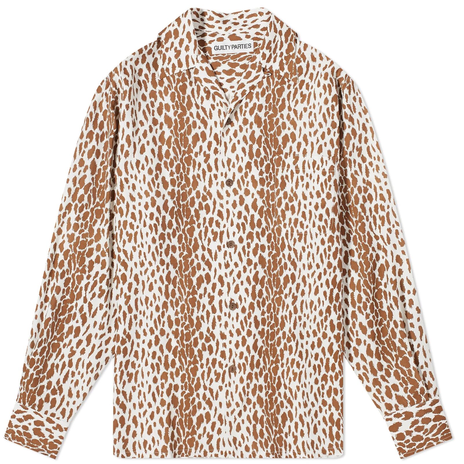 Wacko Maria Men's Long Sleeve Leopard Vacation Shirt in Brown, Size Small