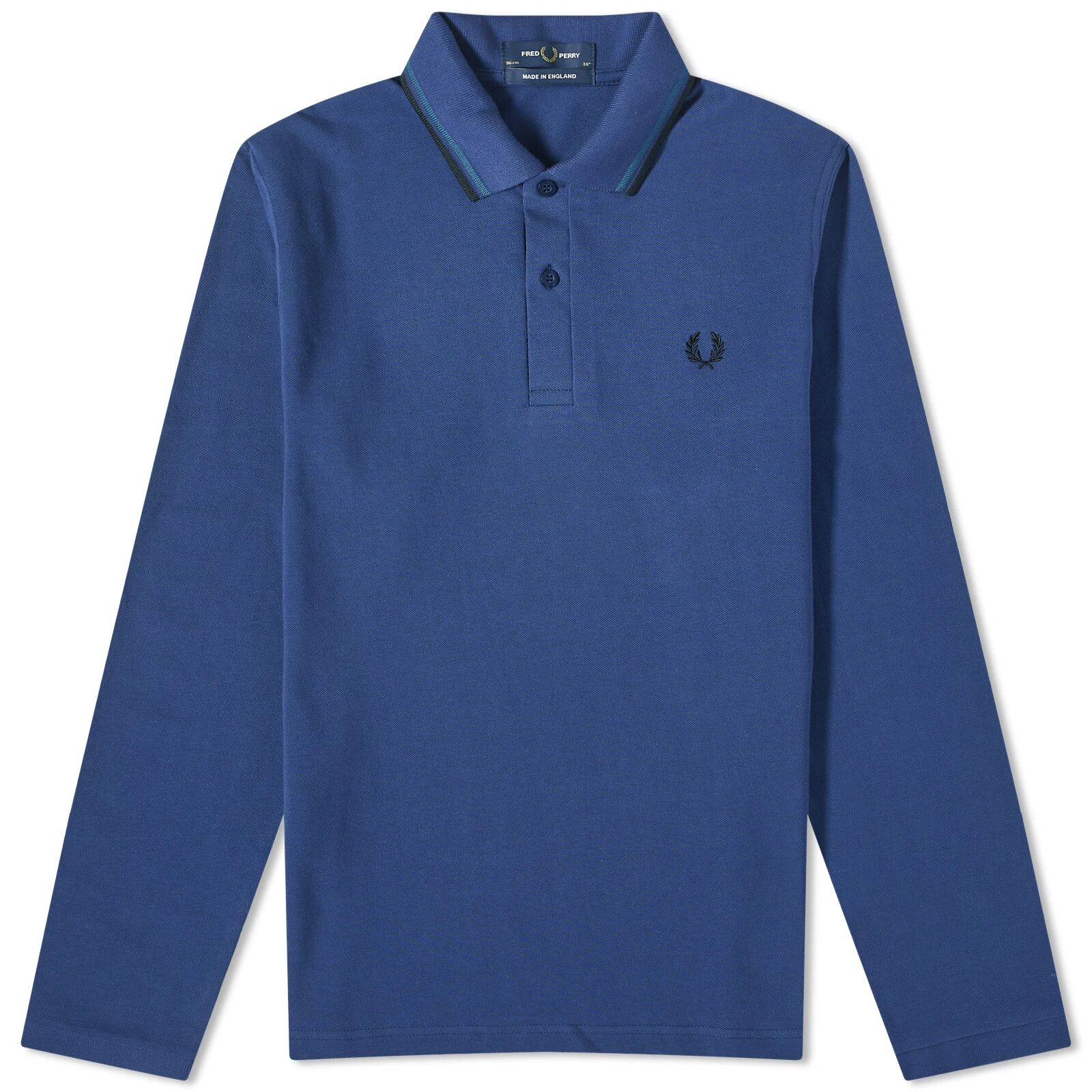 Fred Perry Men's Long Sleeve Twin Tipped Polo Shirt - Made in England in French Navy/Petrol Blue/Black, Size 38