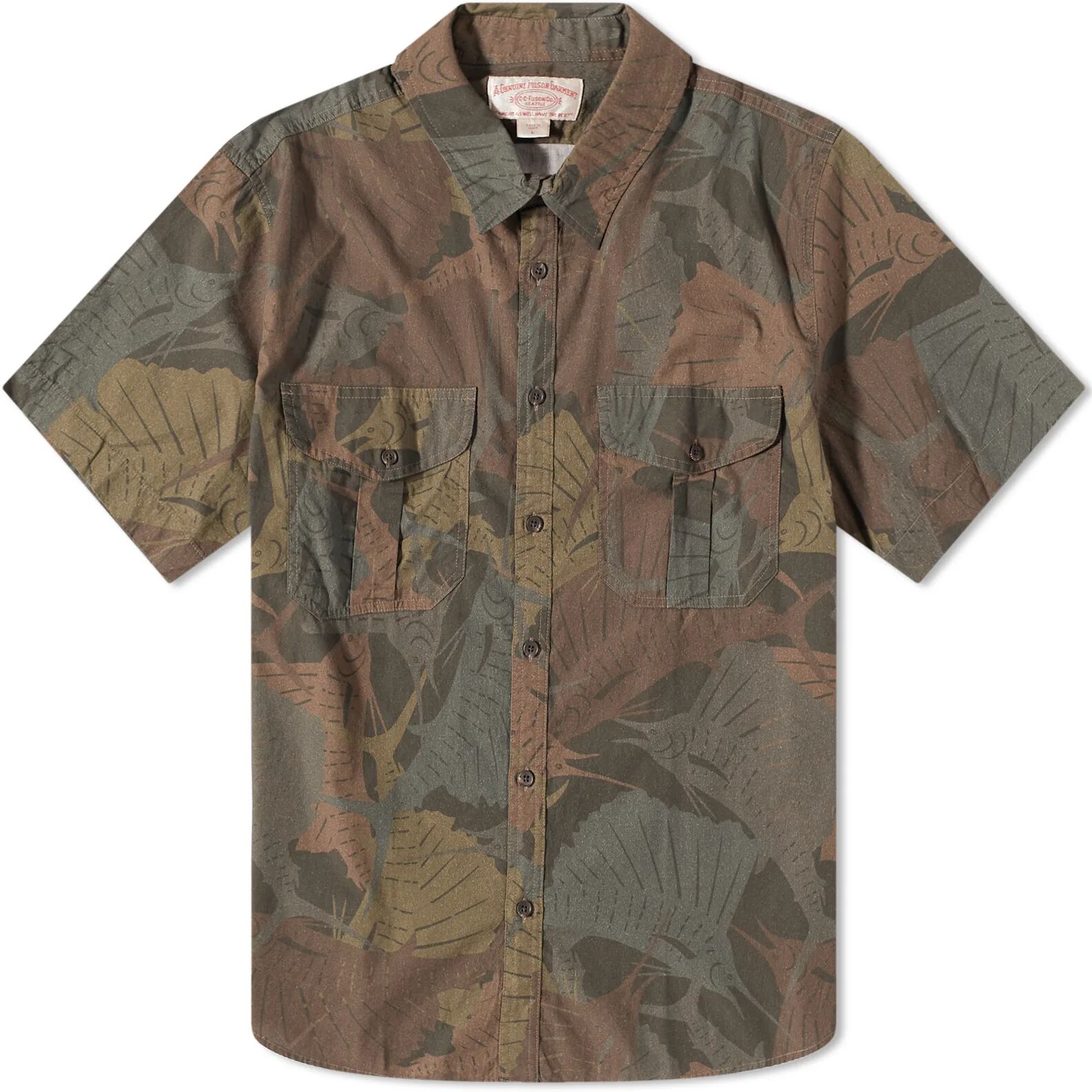 Filson Men's Short Sleeve Feather Cloth Shirt in Sailfish Dark Olive Print, Size Medium