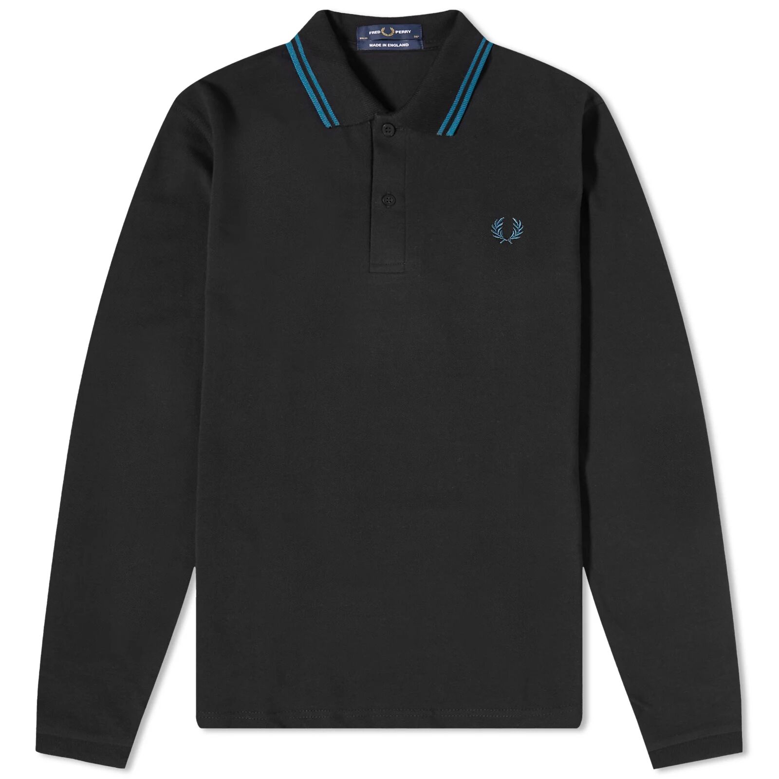 Fred Perry Men's Long Sleeve Twin Tipped Polo Shirt - Made in England in Black/Petrol, Size 36