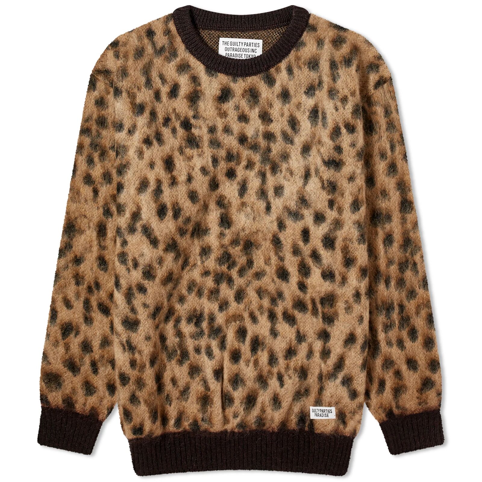 Wacko Maria Men's Leopard Mohair Knitted Jumper in Beige, Size X-Large