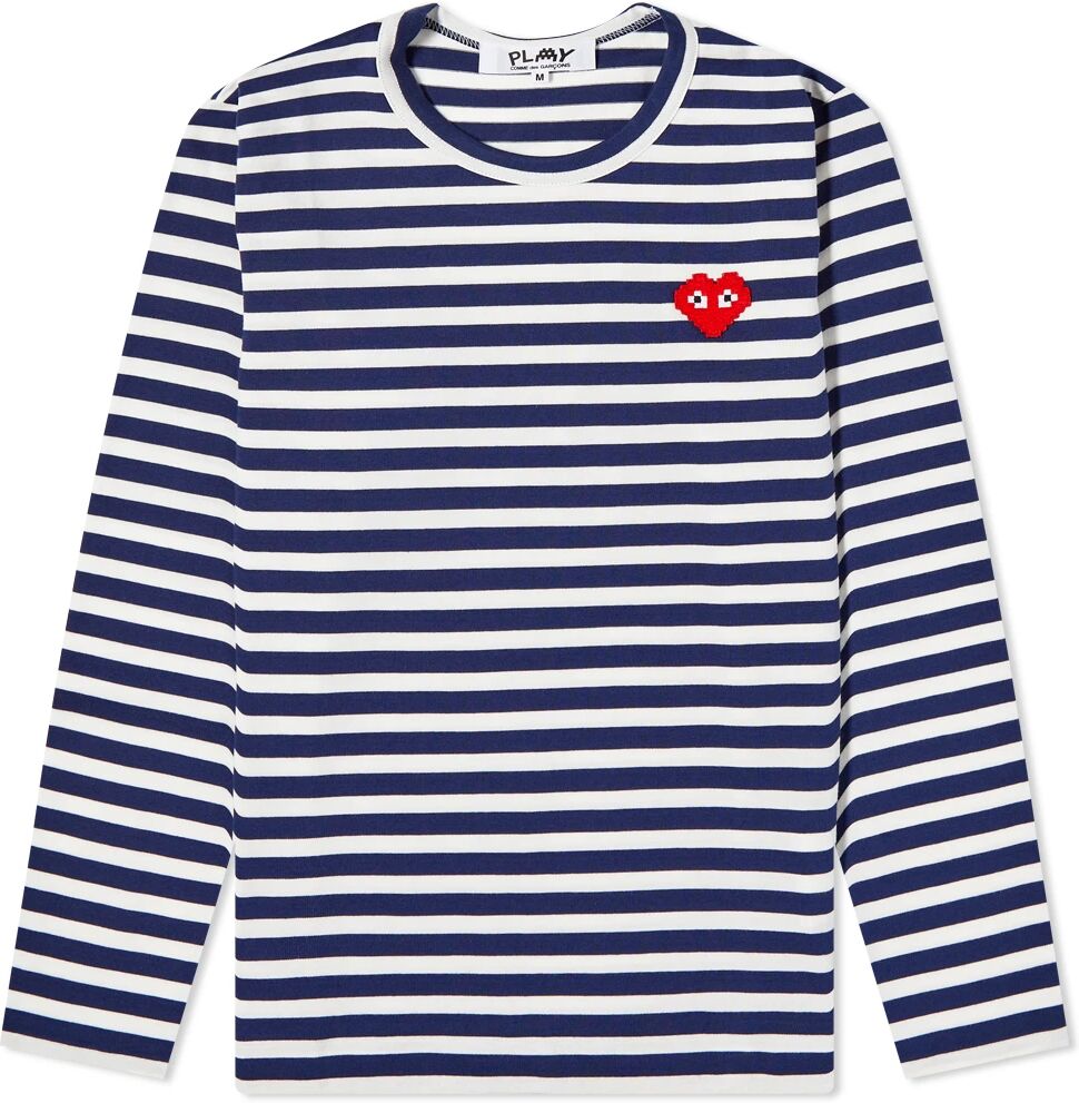 Comme des Garçons Play Women's Invader Heart Stripe Long Sleeve T-Shirt in Navy/White, Size Medium