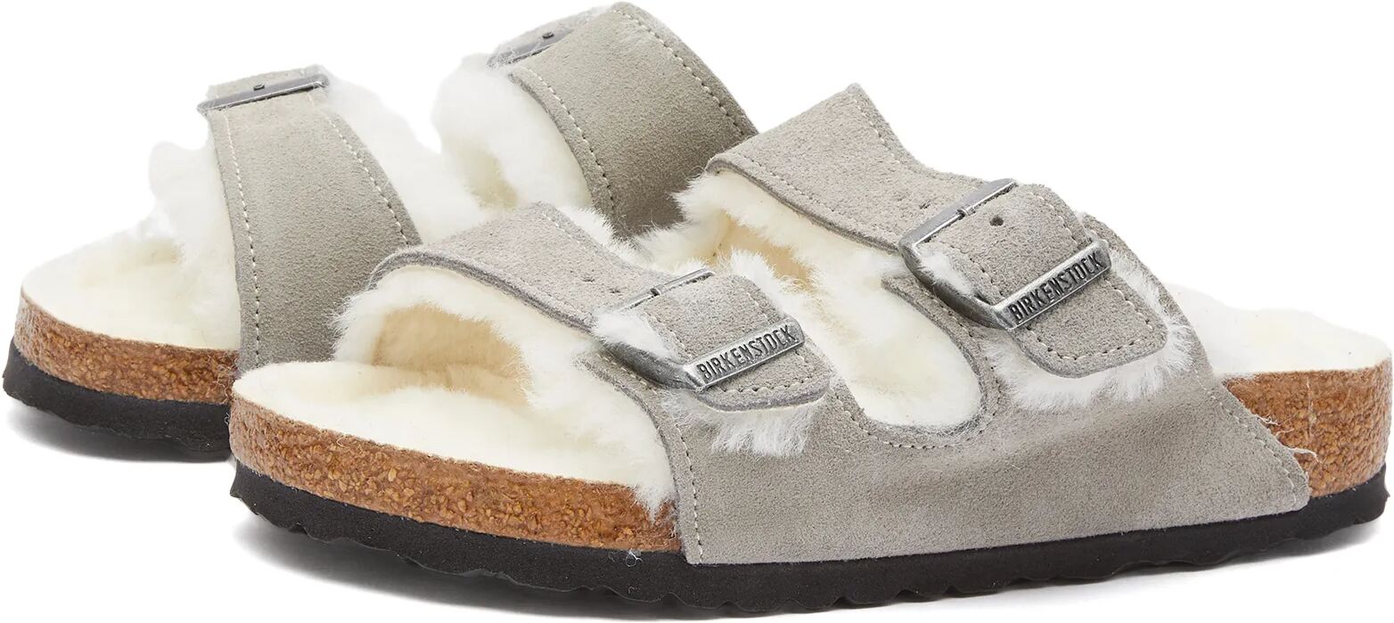 Birkenstock Arizona Fur in Stone Coin Suede, Size UK 9.5