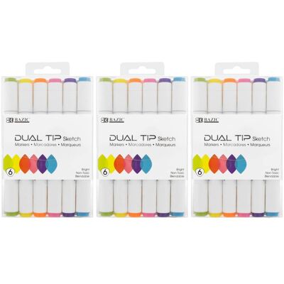 BAZIC Products - Dual Tip Sketch Markers Fluorescent Colors 6 Per Pack 3 Packs BAZIC Products - Dual Tip Sketch Markers Fluorescent Colors 6 Per Pack 3 Packs