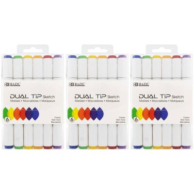 BAZIC Products - Dual Tip Sketch Markers Primary Colors 6 Per Pack 3 Packs - Green, Yellow, Orange, Red, Purple, Blue BAZIC Products - Dual Tip Sketch Markers Primary Colors 6 Per Pack 3 Packs - Green, Yellow, Orange, Red, Purple, Blue