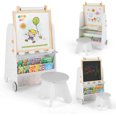 Costway - 4-in-1 Kids Art Easel with Stool with Magnetic Whiteboard Chalkboard & Paper Roll - Gray Costway - 4-in-1 Kids Art Easel with Stool with Magnetic Whiteboard Chalkboard & Paper Roll - Gray