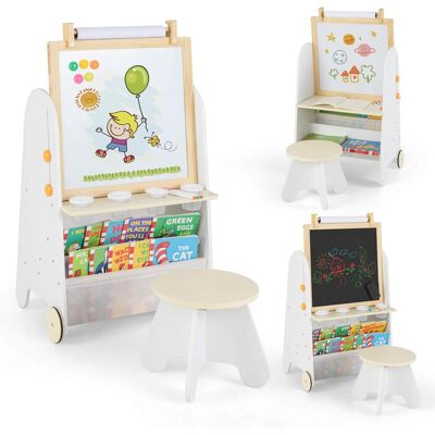 Costway - 4-in-1 Kids Art Easel with Stool with Magnetic Whiteboard Chalkboard & Paper Roll - Natural Costway - 4-in-1 Kids Art Easel with Stool with Magnetic Whiteboard Chalkboard & Paper Roll - Natural
