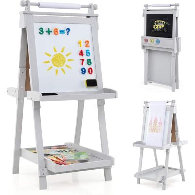 Costway - Foldable Easel for Kids 3-in-1 Double-sided Art Easel with Chalkboard - Gray Costway - Foldable Easel for Kids 3-in-1 Double-sided Art Easel with Chalkboard - Gray