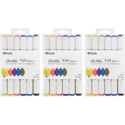 BAZIC Products - Dual Tip Sketch Markers Pastel Colors 6 Per Pack 3 Packs - Gray, Blue, Lanvender, Pink, Salmon, Green BAZIC Products - Dual Tip Sketch Markers Pastel Colors 6 Per Pack 3 Packs - Gray, Blue, Lanvender, Pink, Salmon, Green