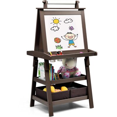 Gymax - 3 in 1 Double-Sided Storage Art Easel w/ Paint Cups for Toddlers Writing - Coffee Gymax - 3 in 1 Double-Sided Storage Art Easel w/ Paint Cups for Toddlers Writing - Coffee