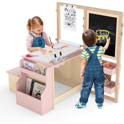 Costway - Kids Art Easel & Table & Bench Set with Double-Sided Adjustable Easel, Blackboard - Pink Costway - Kids Art Easel & Table & Bench Set with Double-Sided Adjustable Easel, Blackboard - Pink