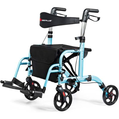 Costway - Folding Medical Rollator Walker Aluminum Transport Chair Adjustable Handle - Blue Costway - Folding Medical Rollator Walker Aluminum Transport Chair Adjustable Handle - Blue
