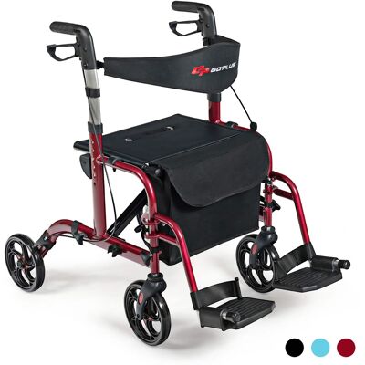 Costway - Folding Medical Rollator Walker Aluminum Transport Chair Adjustable Handle - Red Costway - Folding Medical Rollator Walker Aluminum Transport Chair Adjustable Handle - Red
