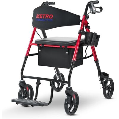 Metro Mobility - M913P 2 in 1 Rollator Walker & Transport Wheelchair for Seniors, 8" Wheels with Seat for All Terrain, 300 lb Capacity - Red Metro Mobility - M913P 2 in 1 Rollator Walker & Transport Wheelchair for Seniors, 8" Wheels with Seat for All Terrain, 300 lb Capacity - Red