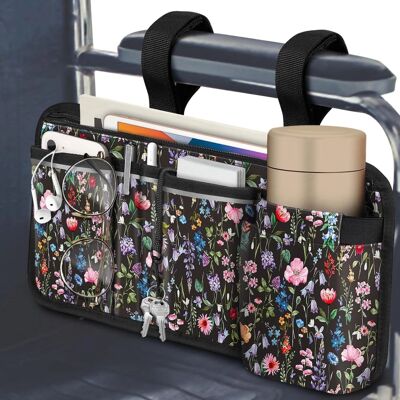Kitcheniva - Wheelchair Armrest Accessories Pouch Side Storage Bag With Cup Holder - Black Floral Kitcheniva - Wheelchair Armrest Accessories Pouch Side Storage Bag With Cup Holder - Black Floral