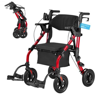 VEVOR - 2-in-1 Rollator Walker & Transport Chair for Seniors, Foldable Rolling Walker Wheelchair, Lightweight Aluminum Mobility - Black;Red VEVOR - 2-in-1 Rollator Walker & Transport Chair for Seniors, Foldable Rolling Walker Wheelchair, Lightweight Aluminum Mobility - Black;Red