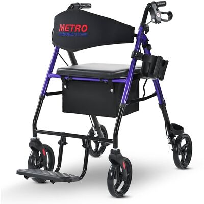 Metro Mobility - M913P 2 in 1 Rollator Walker & Transport Wheelchair for Seniors, 8" Wheels with Seat for All Terrain, 300 lb Capacity - Purple Metro Mobility - M913P 2 in 1 Rollator Walker & Transport Wheelchair for Seniors, 8" Wheels with Seat for All Terrain, 300 lb Capacity - Purple