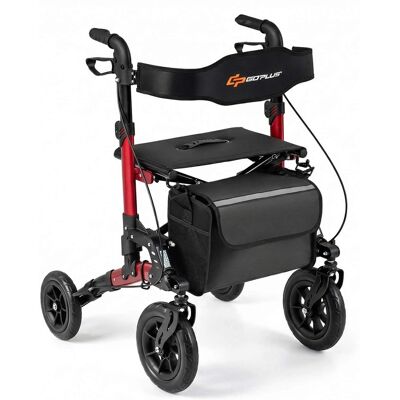 Costway - Rollator Walker for Seniors with Seat Mesh Backrest Spring Suspension Cane Holder - Red + Black Costway - Rollator Walker for Seniors with Seat Mesh Backrest Spring Suspension Cane Holder - Red + Black