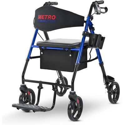Metro Mobility - M913P 2 in 1 Rollator Walker & Transport Wheelchair for Seniors, 8" Wheels with Seat for All Terrain, 300 lb Capacity - Blue Metro Mobility - M913P 2 in 1 Rollator Walker & Transport Wheelchair for Seniors, 8" Wheels with Seat for All Terrain, 300 lb Capacity - Blue