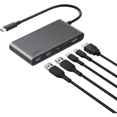 Belkin - 5-Port Hub w/ 4K HDMI Display with 60Hz, 100W Power Delivery, Fast Data Transfer 5Gbps, USB-C Multiport Adapter - Space Gray Belkin - 5-Port Hub w/ 4K HDMI Display with 60Hz, 100W Power Delivery, Fast Data Transfer 5Gbps, USB-C Multiport Adapter - Space Gray
