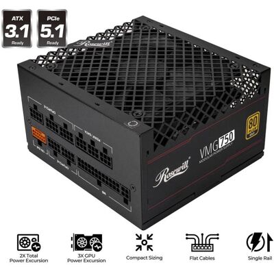 Rosewill - VMG 750W 80+ Gold, ATX 3.0/3.1, Full Modular, PCIe 5.1, 120mm FDB Fan - 5 Year Warranty Rosewill - VMG 750W 80+ Gold, ATX 3.0/3.1, Full Modular, PCIe 5.1, 120mm FDB Fan - 5 Year Warranty