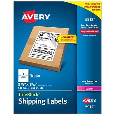 Avery - TrueBlock Laser Shipping Labels, 5 1/2" x 8 1/2", 2 Labels/Sheet, 250 Sheets/Pack - Matte White Avery - TrueBlock Laser Shipping Labels, 5 1/2" x 8 1/2", 2 Labels/Sheet, 250 Sheets/Pack - Matte White