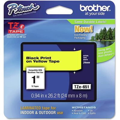 Brother - P-Touch TZE651 0.94 in. x 26.2 ft. TZe Standard Adhesive Laminated Labeling Tape - Black on - Yellow Brother - P-Touch TZE651 0.94 in. x 26.2 ft. TZe Standard Adhesive Laminated Labeling Tape - Black on - Yellow