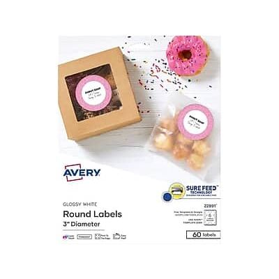 Avery - Sure Feed Laser/Inkjet Round Labels, 3" Dia, 60 Labels/Pack - Glossy White Avery - Sure Feed Laser/Inkjet Round Labels, 3" Dia, 60 Labels/Pack - Glossy White