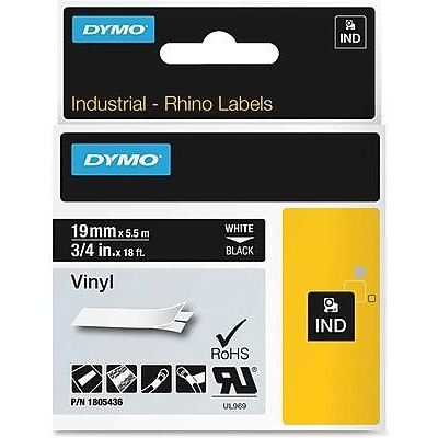 Dymo - Rhino Industrial Colored Vinyl Label Maker Tape, 3/4"W, (1805436) - White On Black Dymo - Rhino Industrial Colored Vinyl Label Maker Tape, 3/4"W, (1805436) - White On Black