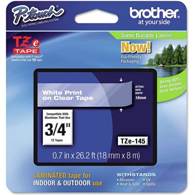 Brother - P-Touch TZE145 TZe 0.7 in. x 26.2 ft. Standard Adhesive Laminated Labeling Tape - White on - Clear Brother - P-Touch TZE145 TZe 0.7 in. x 26.2 ft. Standard Adhesive Laminated Labeling Tape - White on - Clear