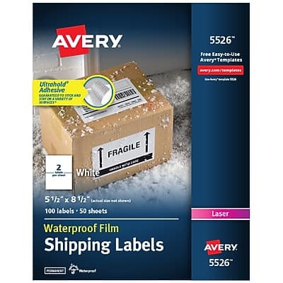 Avery - Waterproof Laser Shipping Labels, 5-1/2" x 8-1/2", 100 Labels/Box - Matte White Avery - Waterproof Laser Shipping Labels, 5-1/2" x 8-1/2", 100 Labels/Box - Matte White