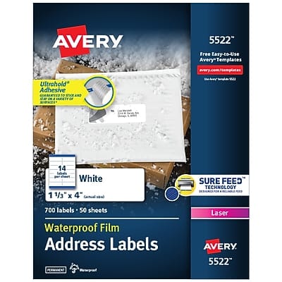 Avery - Waterproof Laser Address Labels, 1-1/3" x 4", 700 Labels/Box - Matte White Avery - Waterproof Laser Address Labels, 1-1/3" x 4", 700 Labels/Box - Matte White