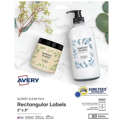 Avery - Print-to-the-Edge Laser/Inkjet Rectangle Labels, 2" x 3", 80 Labels/Pack - Glossy Clear Avery - Print-to-the-Edge Laser/Inkjet Rectangle Labels, 2" x 3", 80 Labels/Pack - Glossy Clear