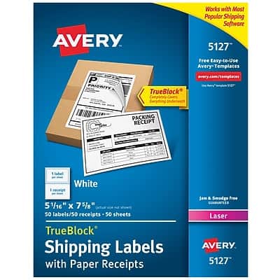 Avery - TrueBlock Laser Shipping Labels with Paper Receipts, 5-1/16" x 7-5/8", 50 Labels/Box - White Avery - TrueBlock Laser Shipping Labels with Paper Receipts, 5-1/16" x 7-5/8", 50 Labels/Box - White